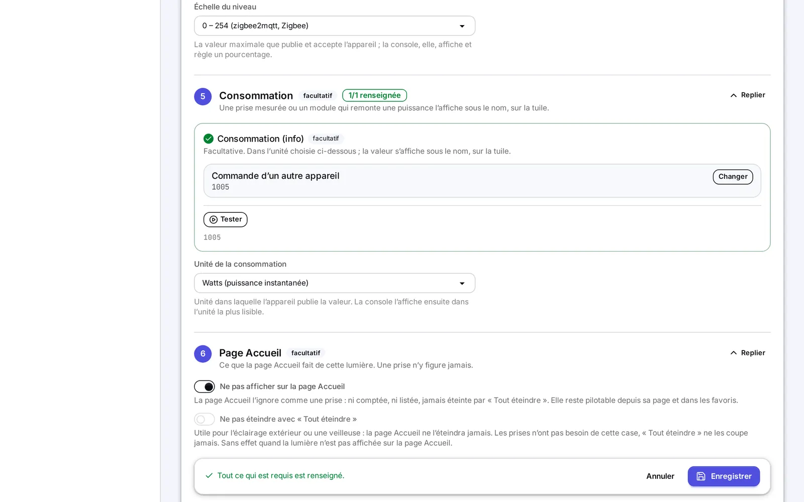 L'étape Page Accueil d'une lumière : les deux cases Ne pas afficher sur la page Accueil et Ne pas éteindre avec Tout éteindre