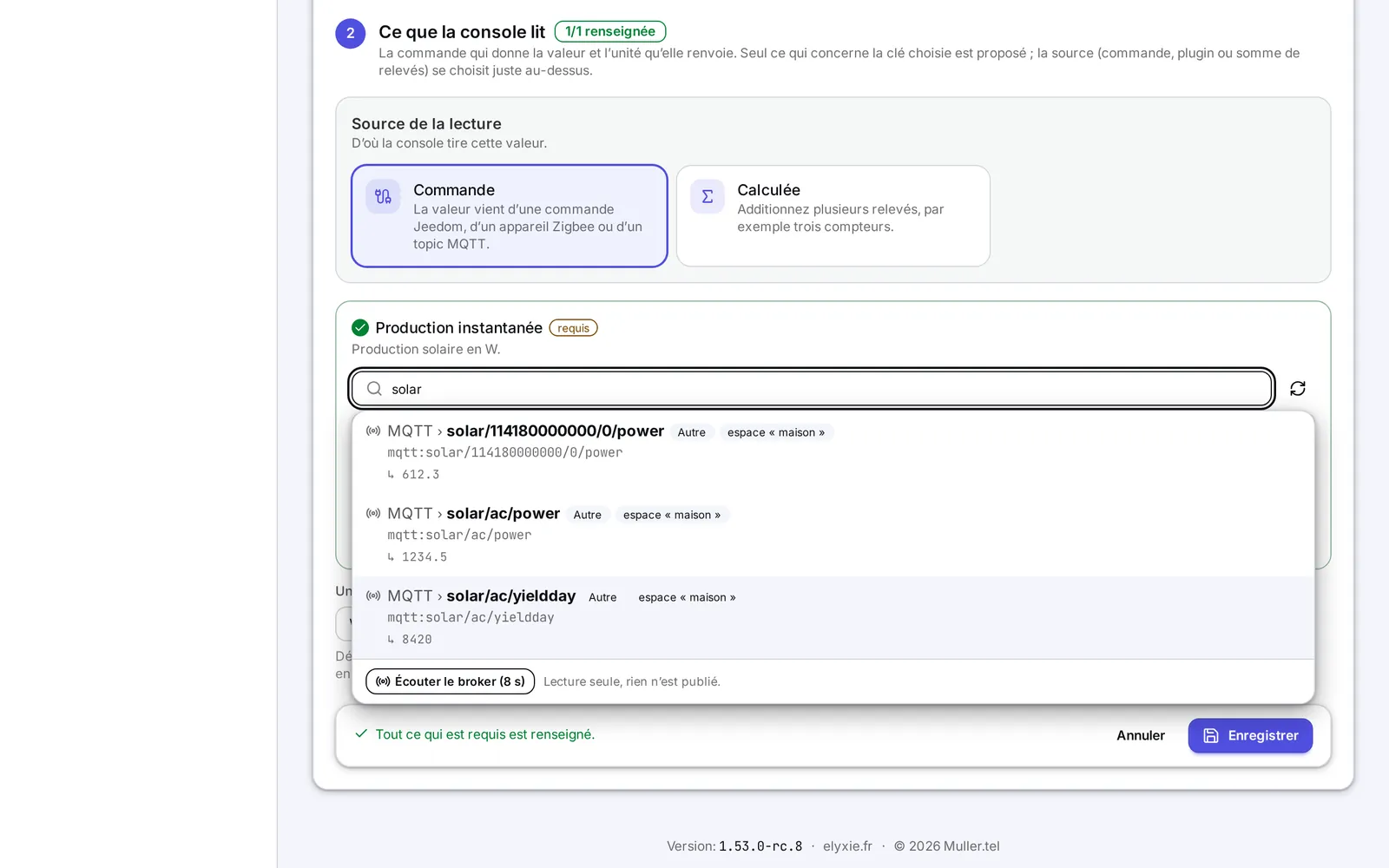 La recherche d'une commande dans l'éditeur : trois topics MQTT trouvés pour « solar », avec leur dernière valeur, et le bouton Écouter le broker