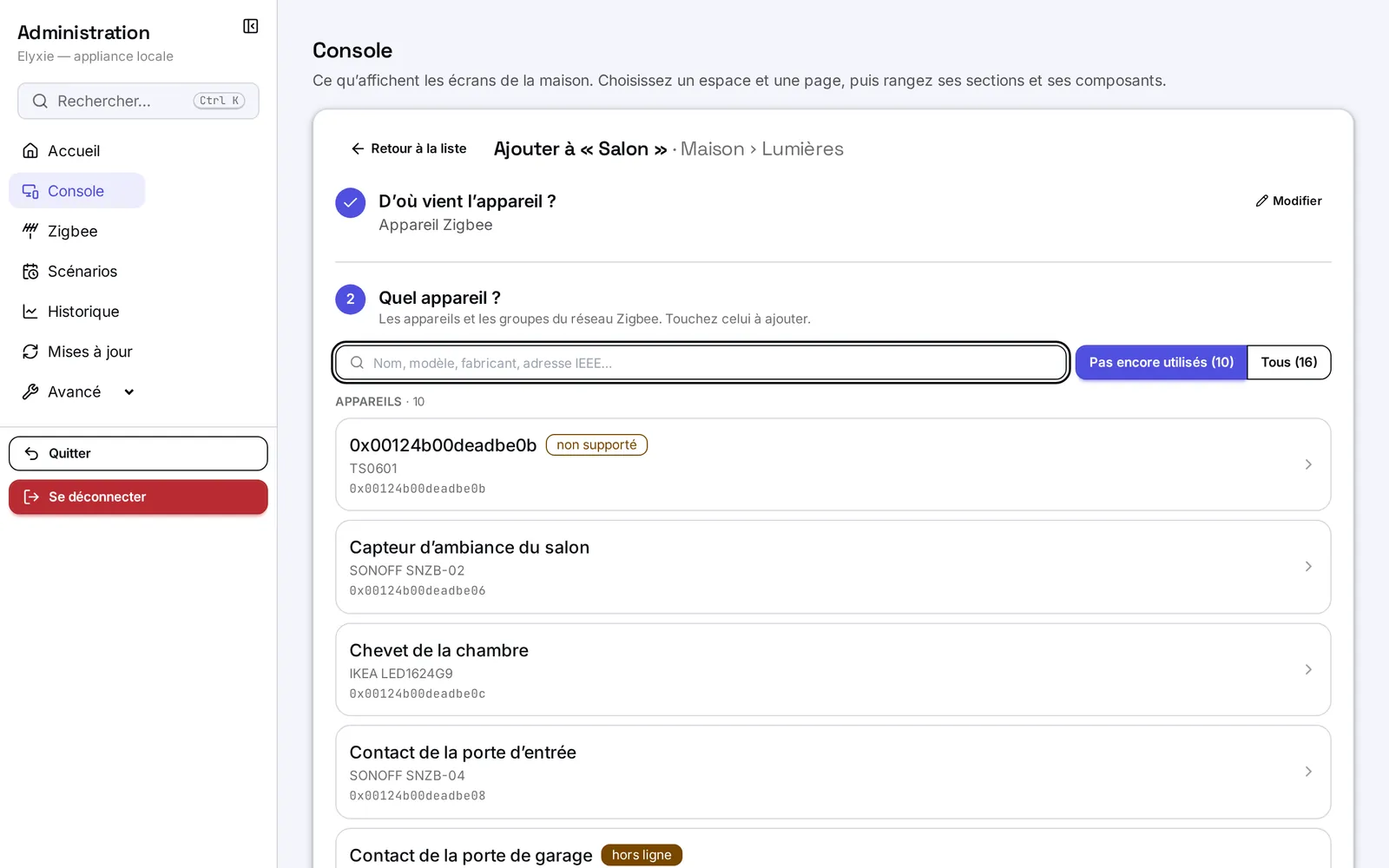 Quel appareil ? : la liste des appareils Zigbee pas encore utilisés, avec leur modèle et leur adresse