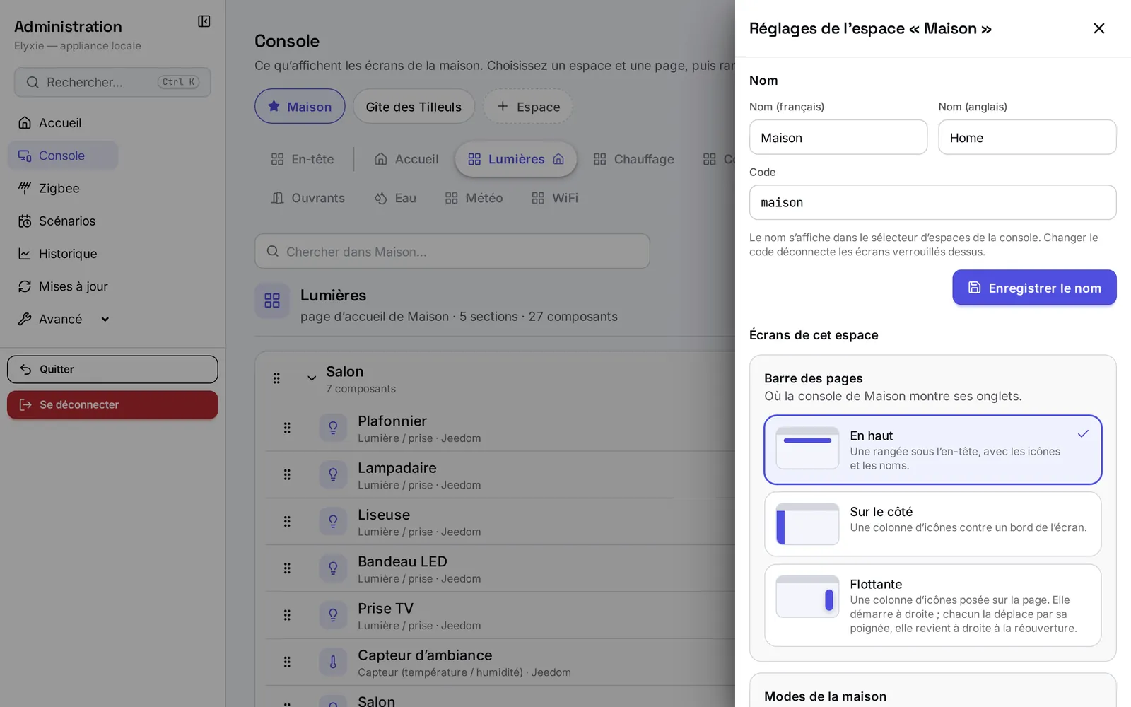 Le panneau Réglages de l'espace « Maison » : le nom en français et en anglais, le code, puis la barre des pages