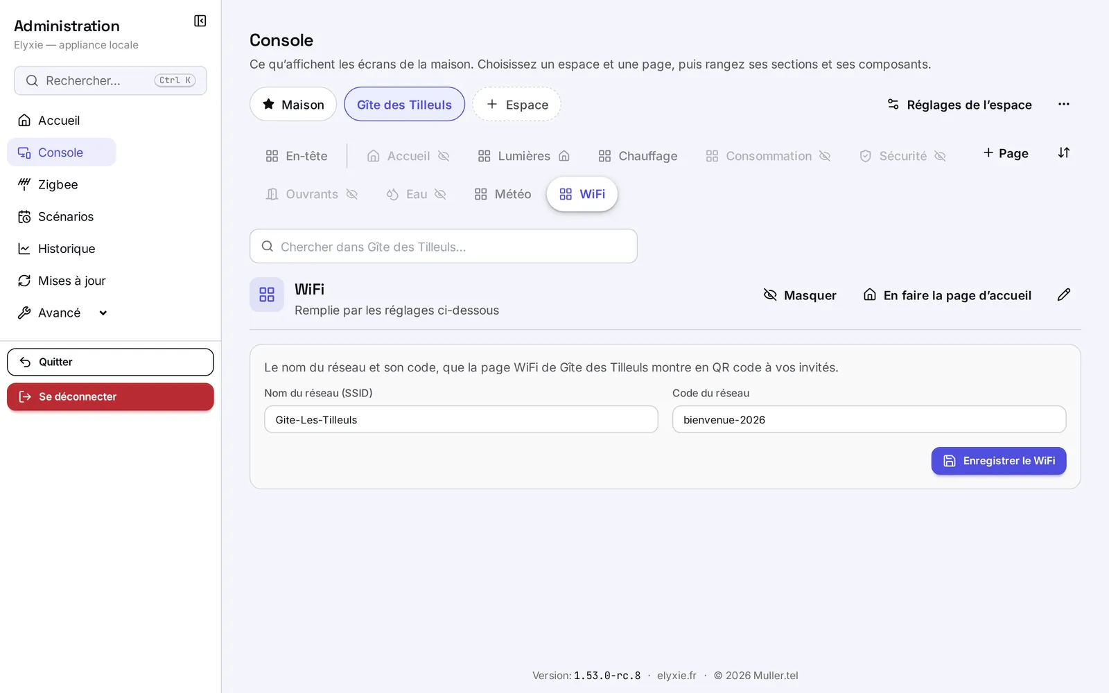 La page WiFi du gîte et son formulaire : nom du réseau et code