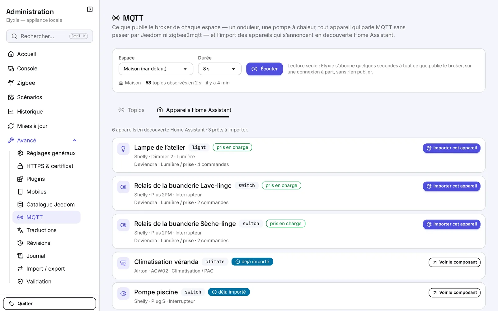 L'onglet Appareils Home Assistant : une lampe et deux relais prêts à importer, une climatisation et une pompe déjà importées