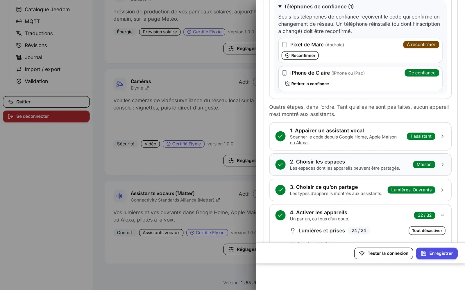L'encadré Téléphones de confiance : un téléphone « À reconfirmer » avec son bouton Reconfirmer, un autre « De confiance » avec Retirer la confiance