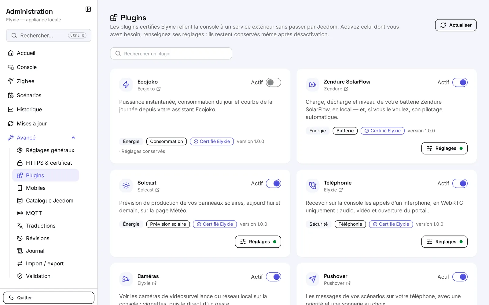 La page Plugins : les cartes Ecojoko (inactif, réglages conservés), Zendure SolarFlow, Solcast et Téléphonie (actifs, pastille verte), chacune avec son interrupteur Actif et ses badges