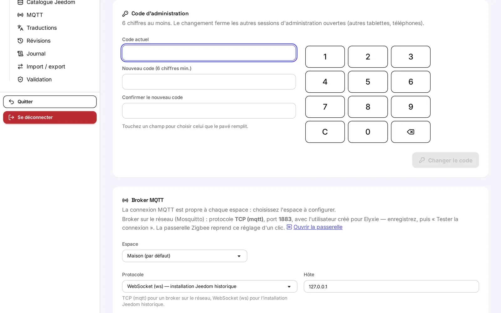La carte « Code d'administration » des Réglages généraux : le code actuel, le nouveau code, sa confirmation et le pavé numérique