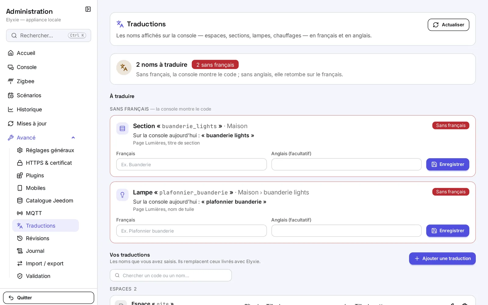 L'écran Traductions : deux noms à traduire, chacun avec ce que la console affiche aujourd'hui