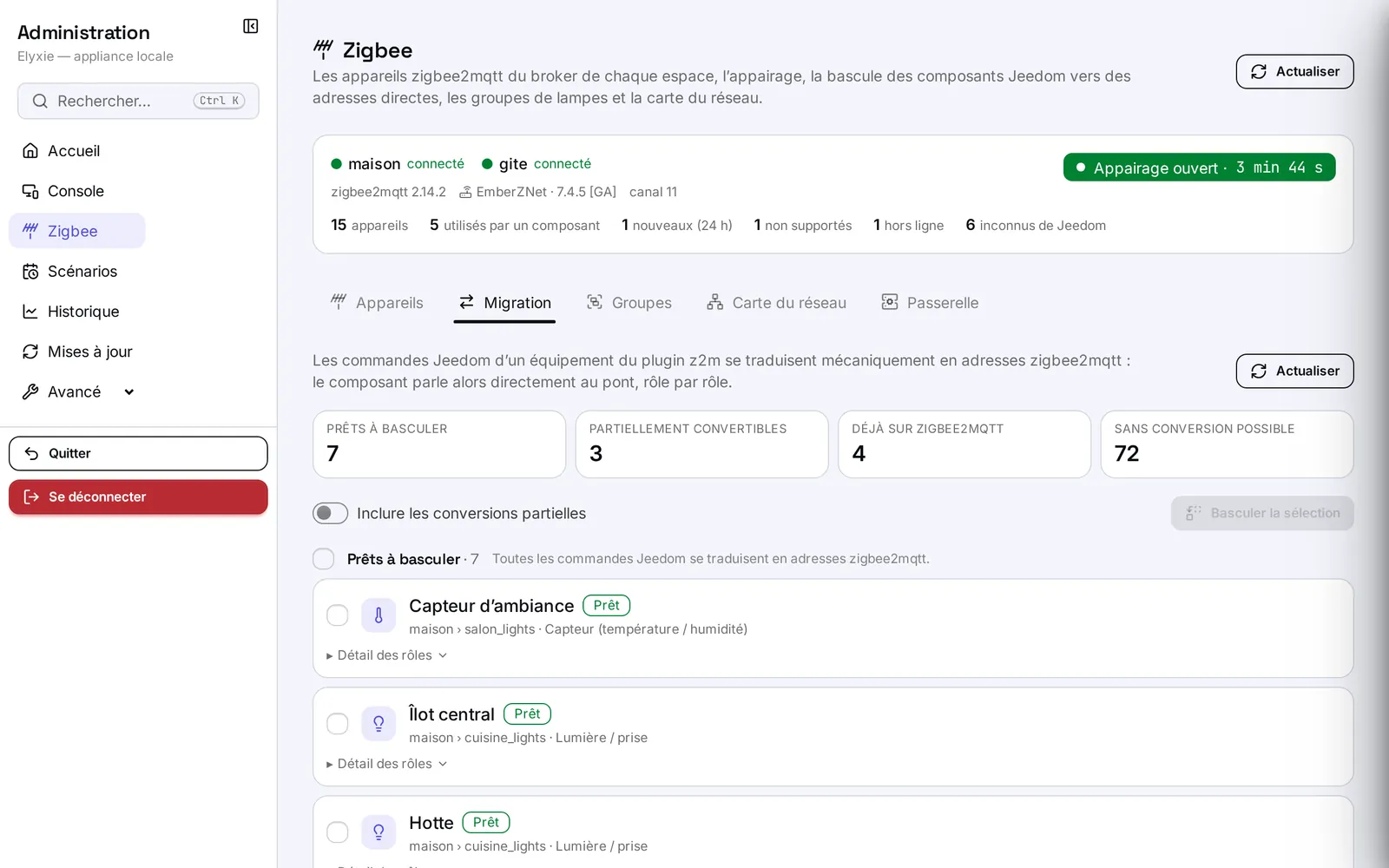 L'onglet Migration : les compteurs de composants, la case des conversions partielles et les composants prêts à basculer