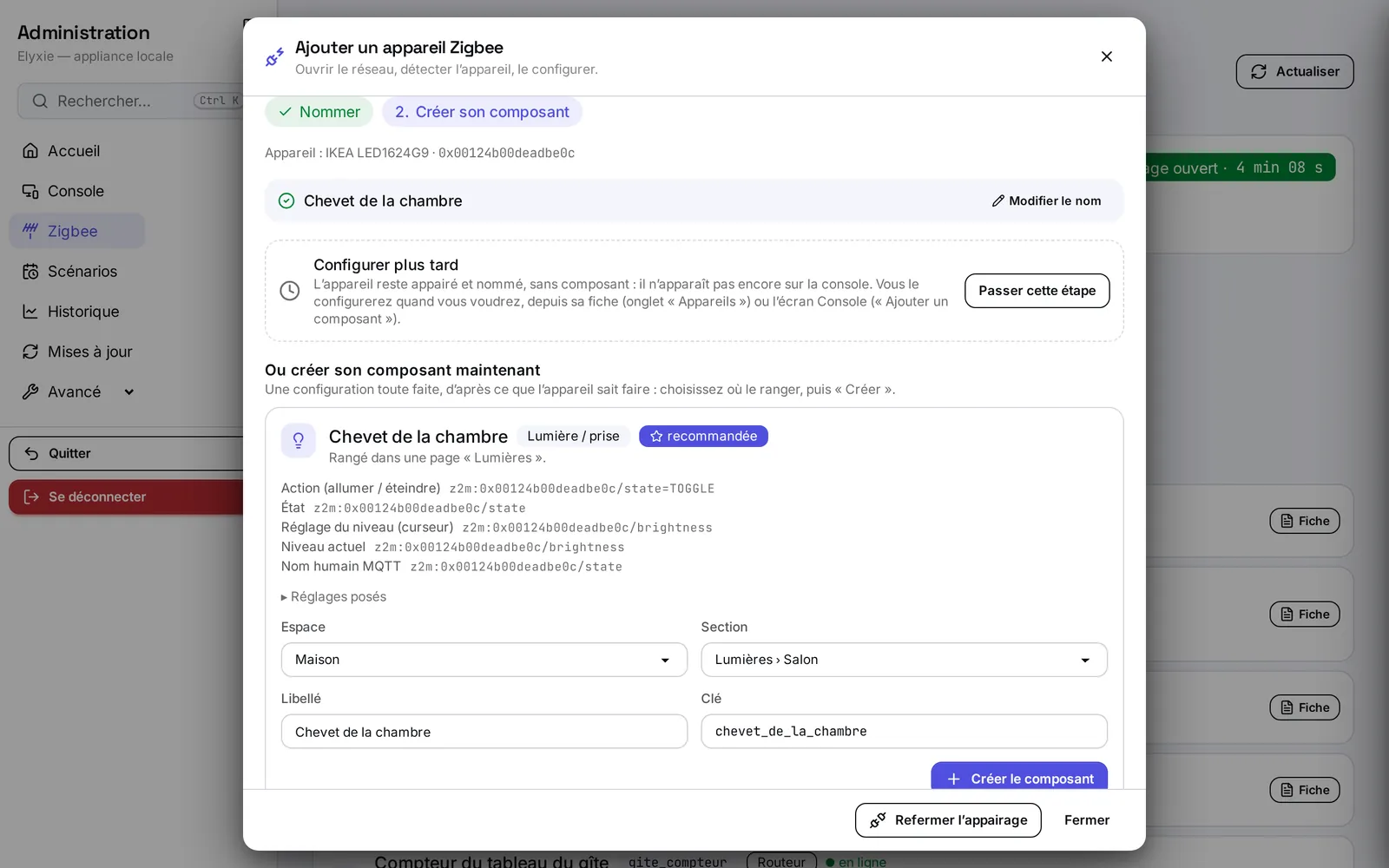 L'étape Créer son composant : Configurer plus tard en tête, puis la proposition recommandée avec l'espace, la section et le libellé