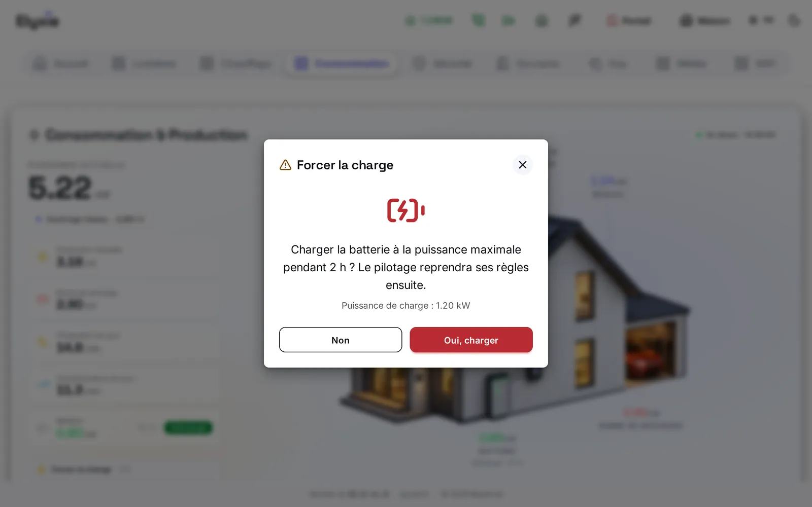 La fenêtre « Forcer la charge » : la question, la durée, la puissance de charge et les boutons Non et Oui, charger