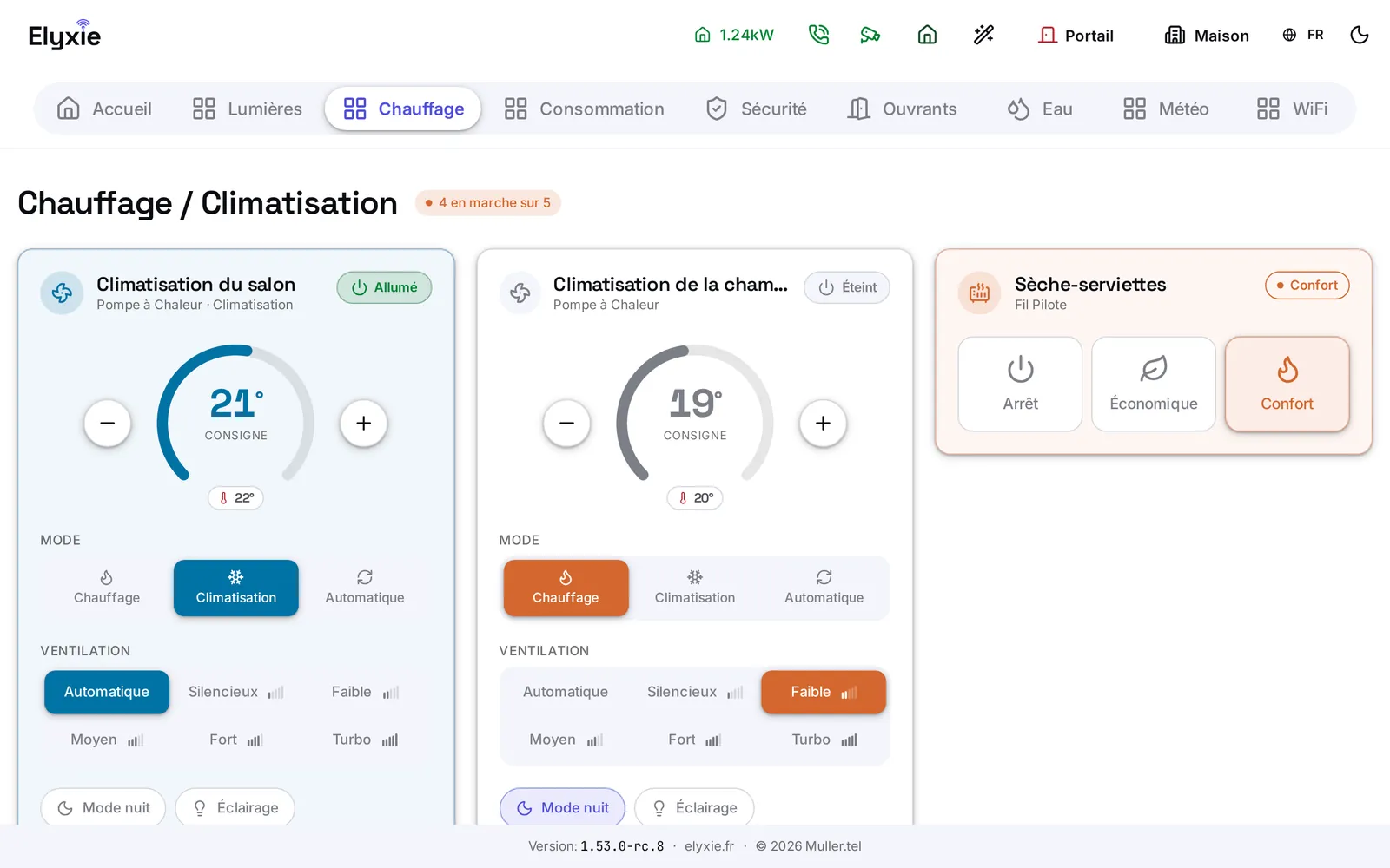 La page Chauffage / Climatisation : deux pompes à chaleur avec leur cadran de consigne, leurs modes et leur ventilation, et un sèche-serviettes à fil pilote en mode Confort
