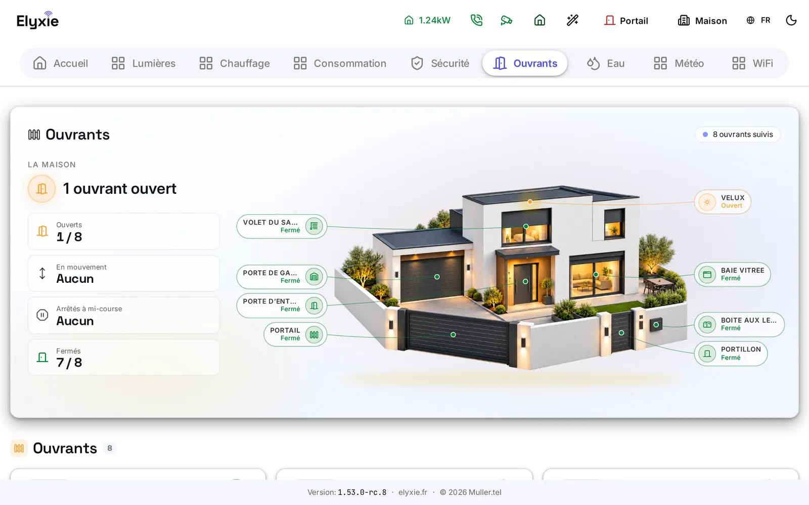 Le bandeau de la page Ouvrants : à gauche, « 1 ouvrant ouvert » et les quatre lignes de bilan ; à droite, la maison moderne avec une étiquette par ouvrant, le velux ouvert en orange, les autres fermés en vert
